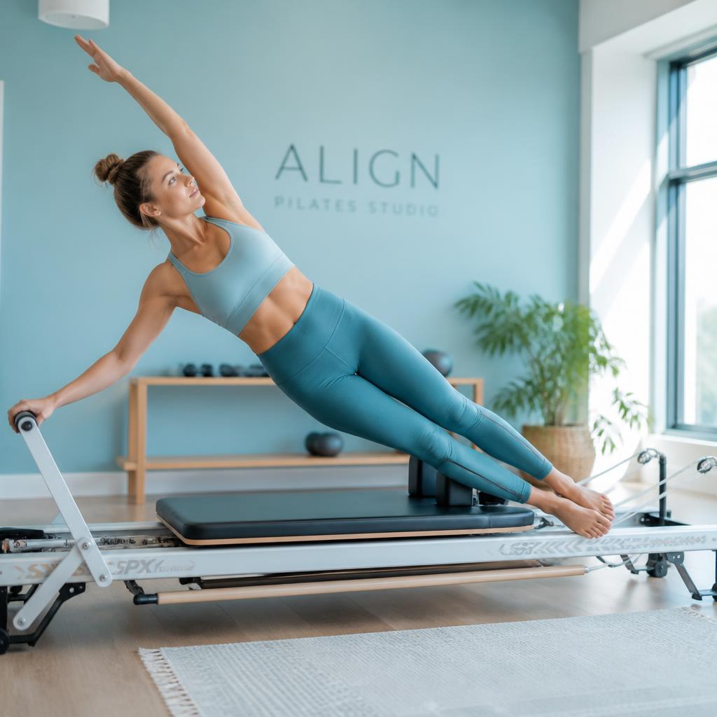 ShiftBody member holding a side plank on the Pilates reformer