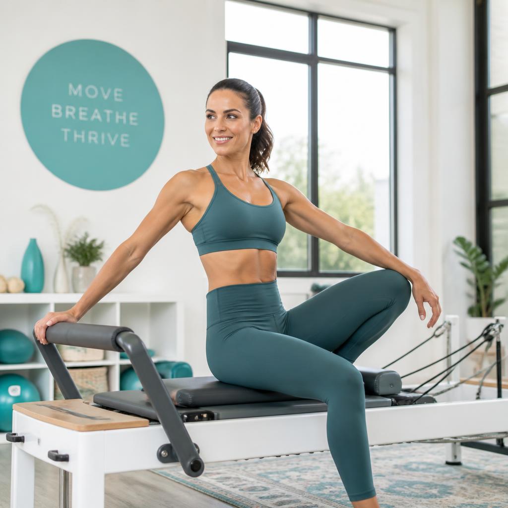 ShiftBody member finishing a reformer repetition in the studio